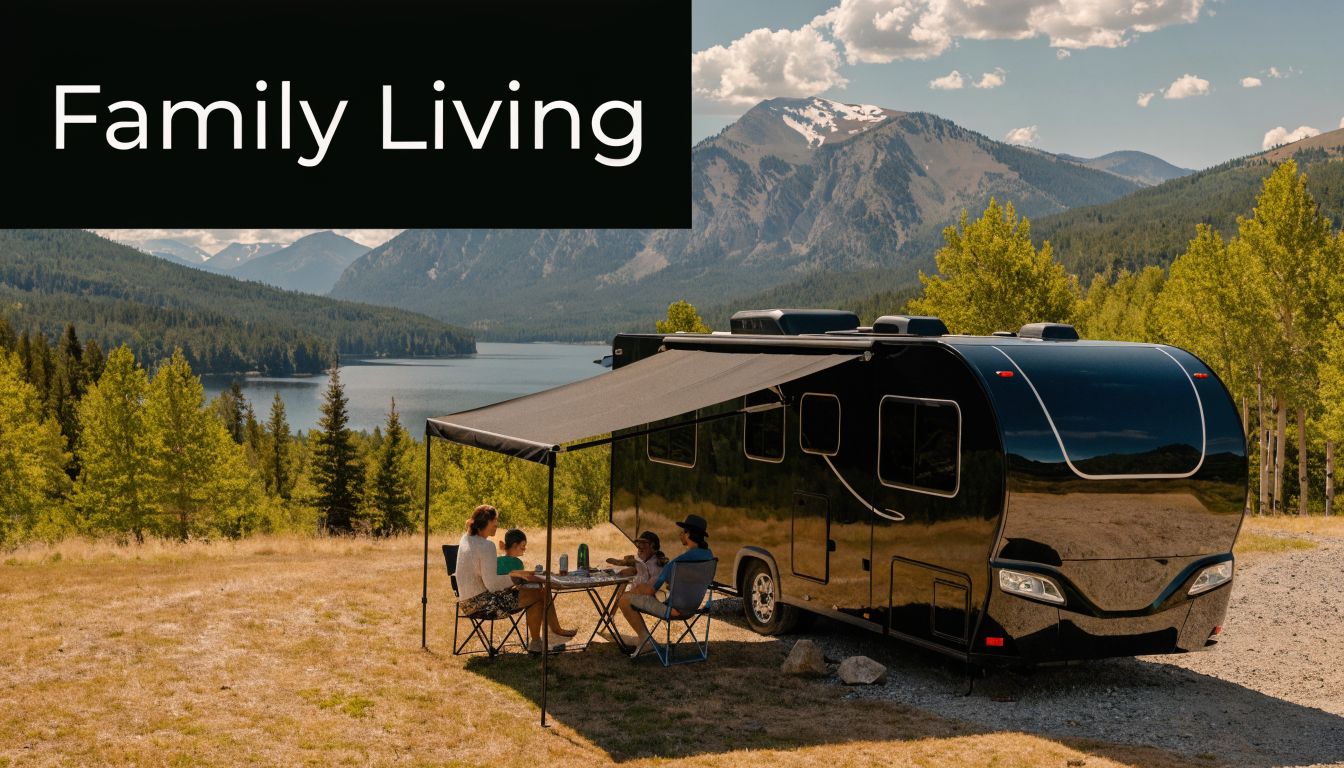 A family enjoys a picnic under the awning of a modern black RV beside a mountain lake.