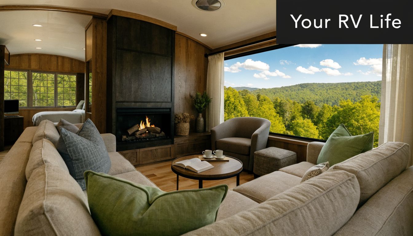 A modern and luxurious fifth wheel RV living room featuring a cozy fireplace and scenic mountain view.