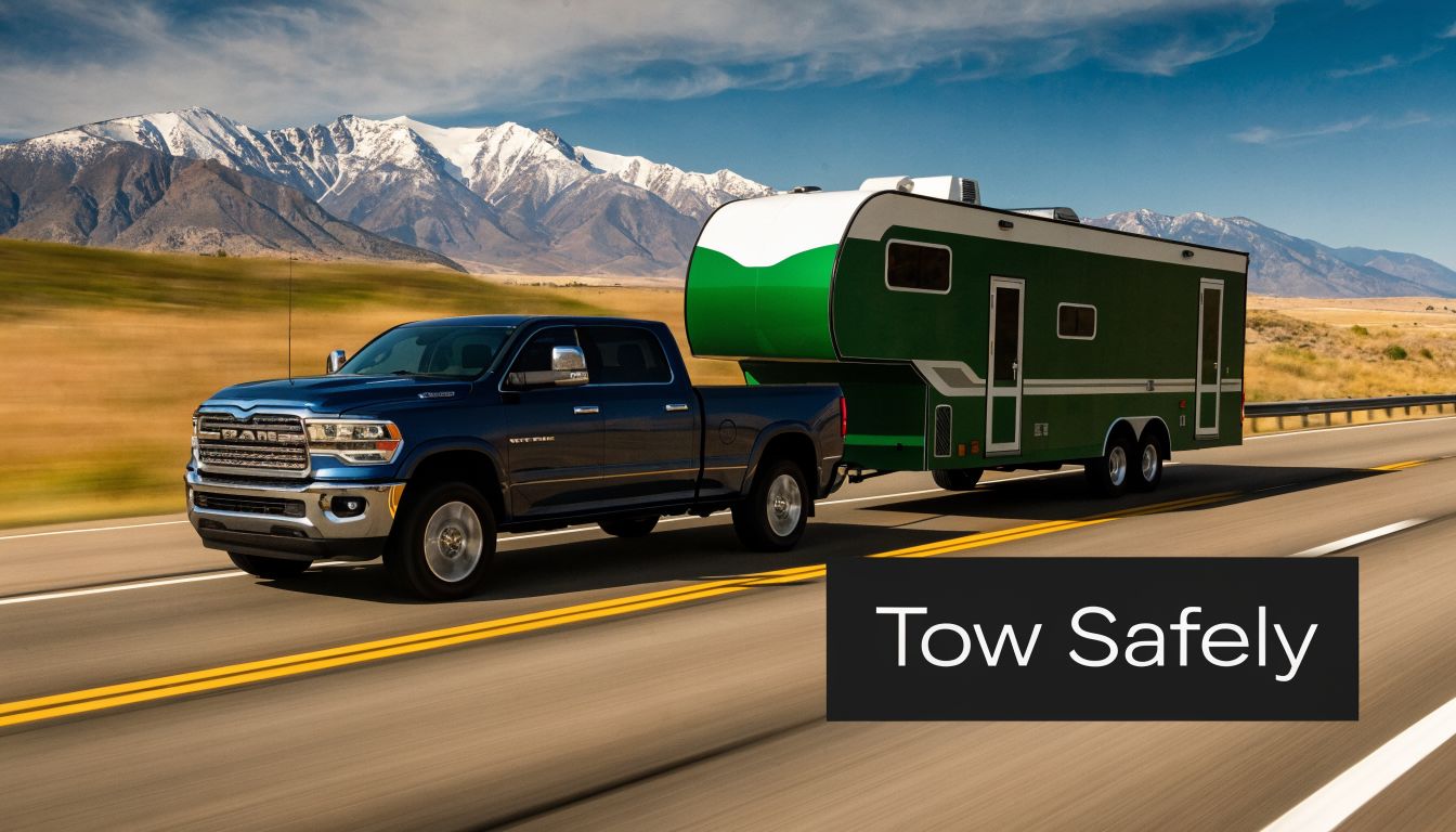 A blue pickup truck towing a green and white fifth-wheel camper on a desert road near mountains.