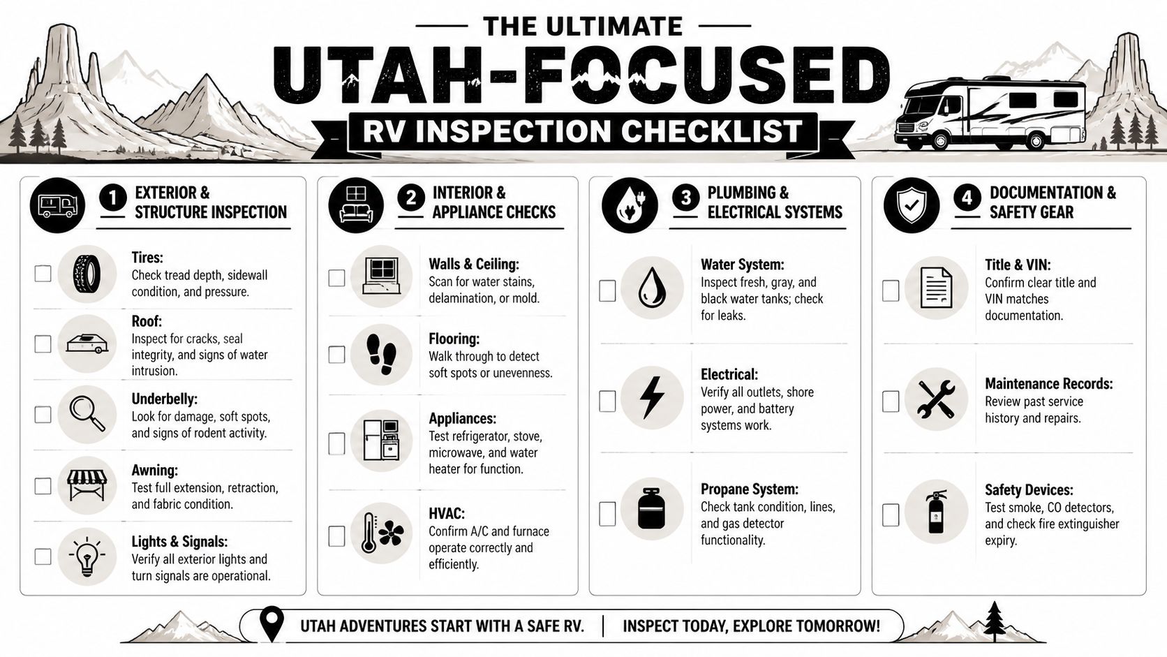 A comprehensive Utah-focused RV inspection checklist with four categories covering exterior, interior, plumbing, electrical, and safety.