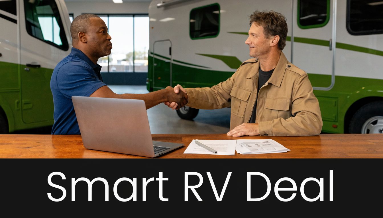 A professional RV dealership representative shaking hands with a customer over a deal at a table.