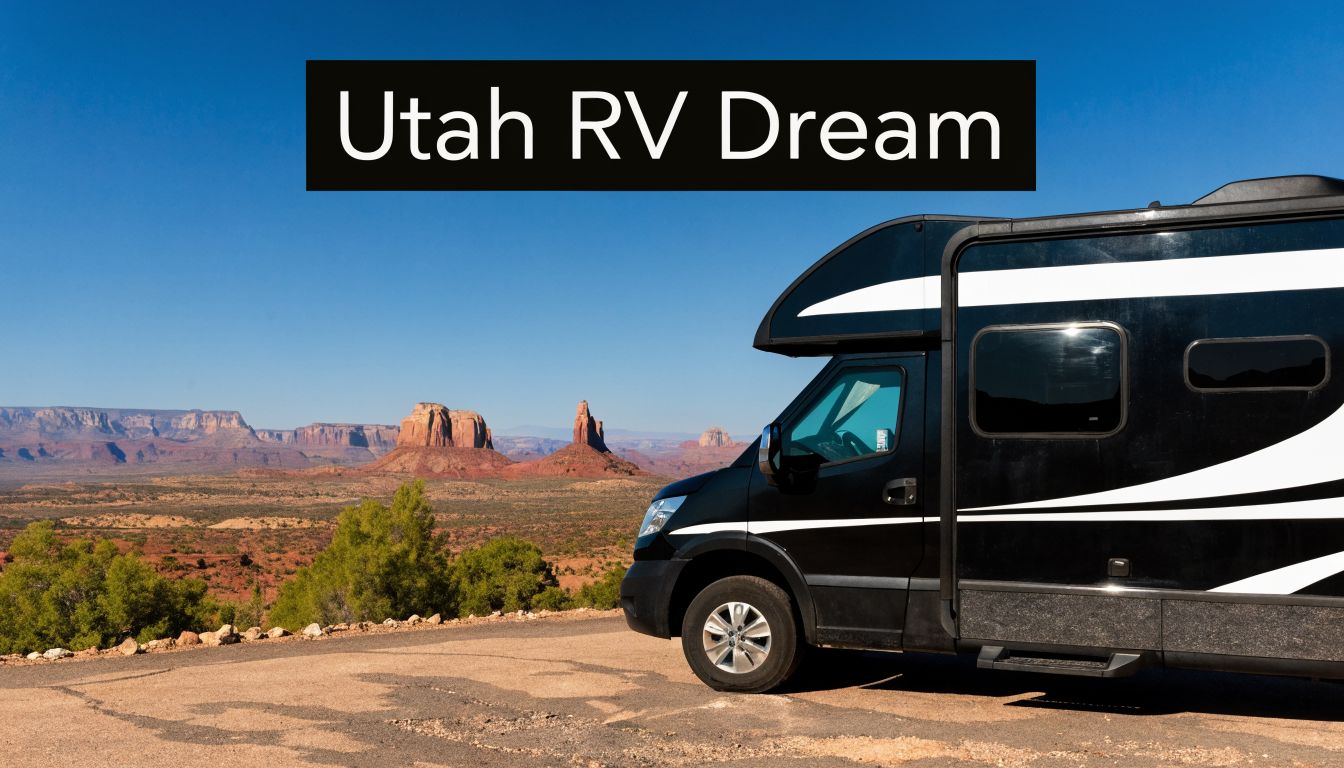 A sleek black RV parked overlooking the majestic red rock formations of Monument Valley in Utah.