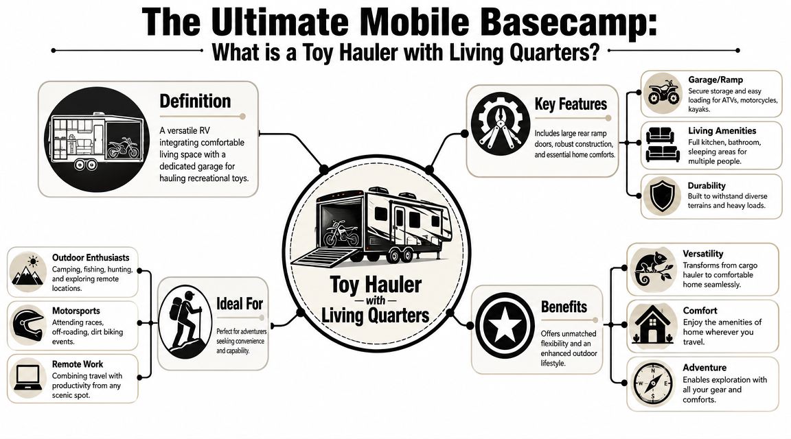 An infographic detailing the features, benefits, and ideal uses of a toy hauler with living quarters.