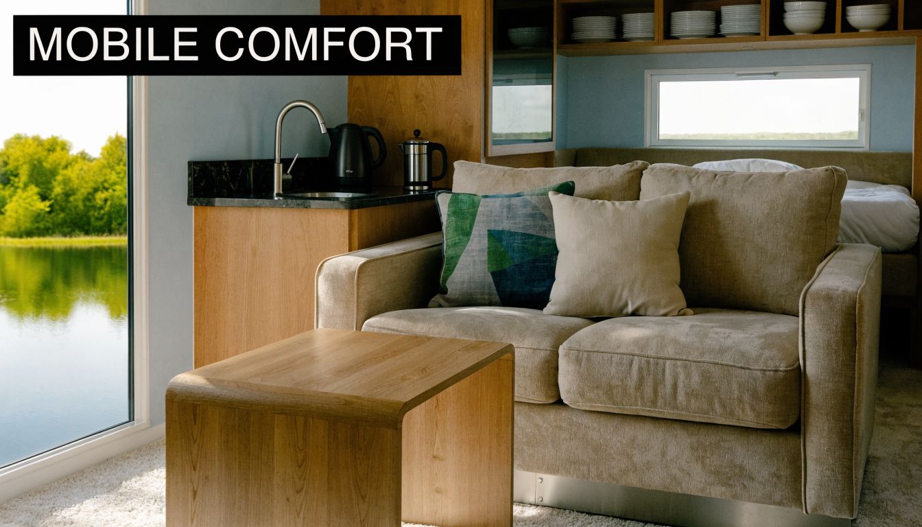 A cozy interior of a mobile living space featuring a sofa, small wooden table, and kitchenette corner.
