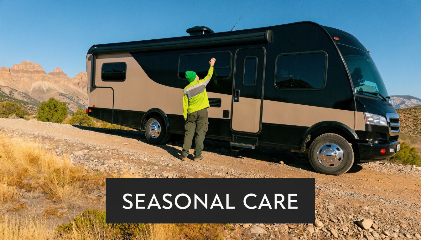 A person in a bright green jacket inspects the exterior windows of a modern RV.