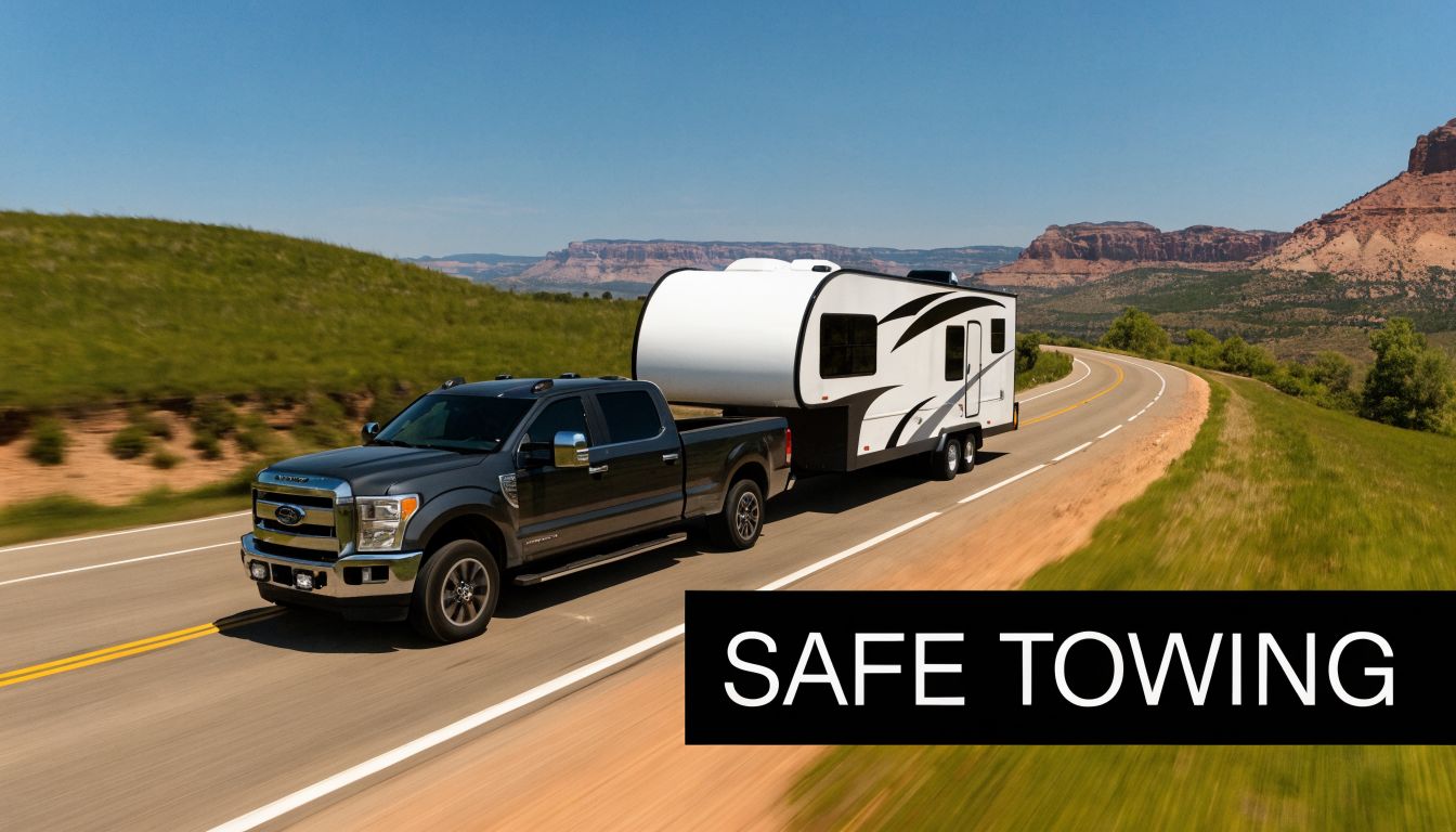 A black pickup truck towing a white fifth wheel toy hauler down a scenic desert highway.