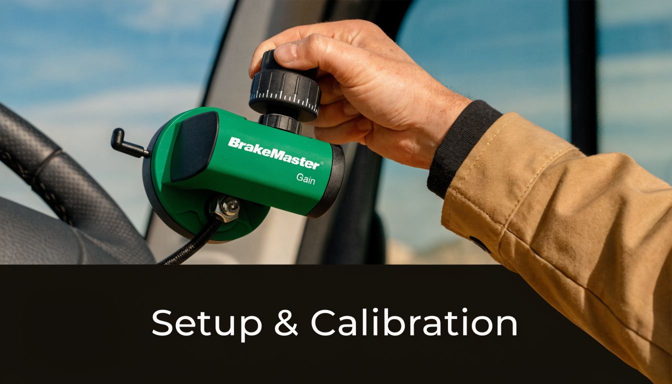 A hand adjusts the dial of a green BrakeMaster gain controller mounted inside a vehicle cabin.