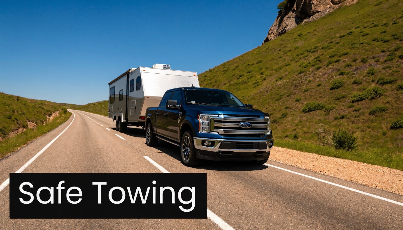 A blue Ford pickup truck towing a camper trailer on a scenic road with hills under blue sky.