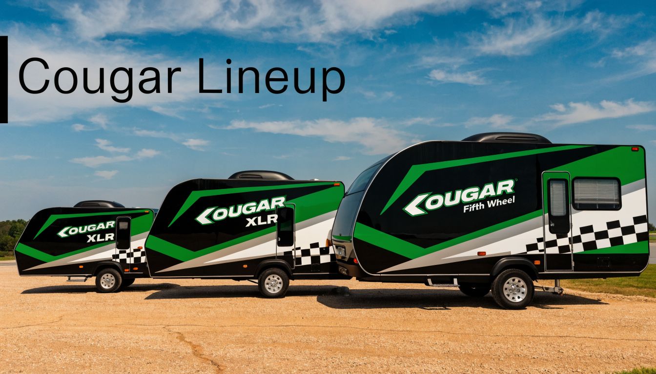 Three Cougar brand travel trailers parked in a line against a blue sky with clouds.
