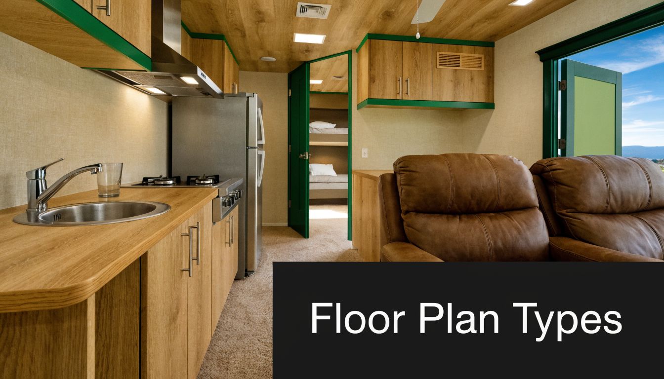 A modern kitchen and living area inside a cozy camper trailer with wooden cabinets and leather seating.