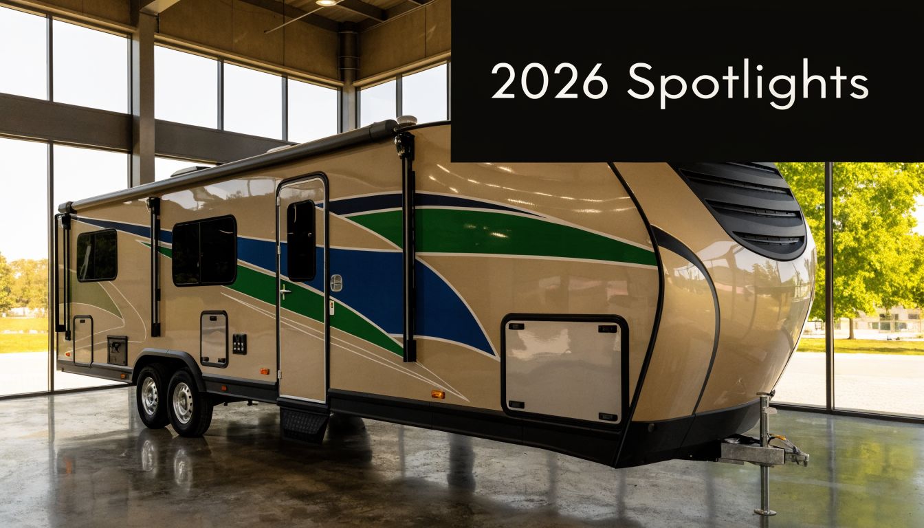 A modern beige travel trailer parked inside a well-lit showroom with large glass windows and concrete floors.