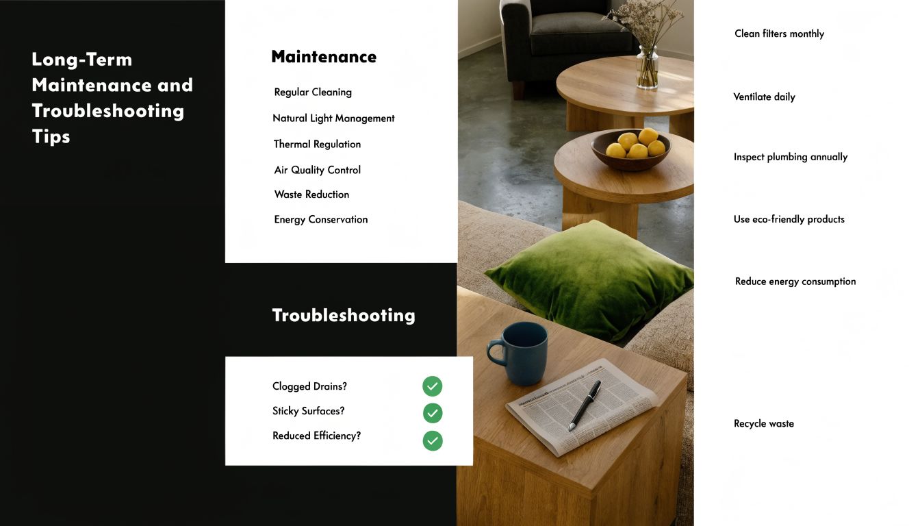 A graphic layout presenting long-term maintenance and troubleshooting tips with a photo of a cozy modern living room.