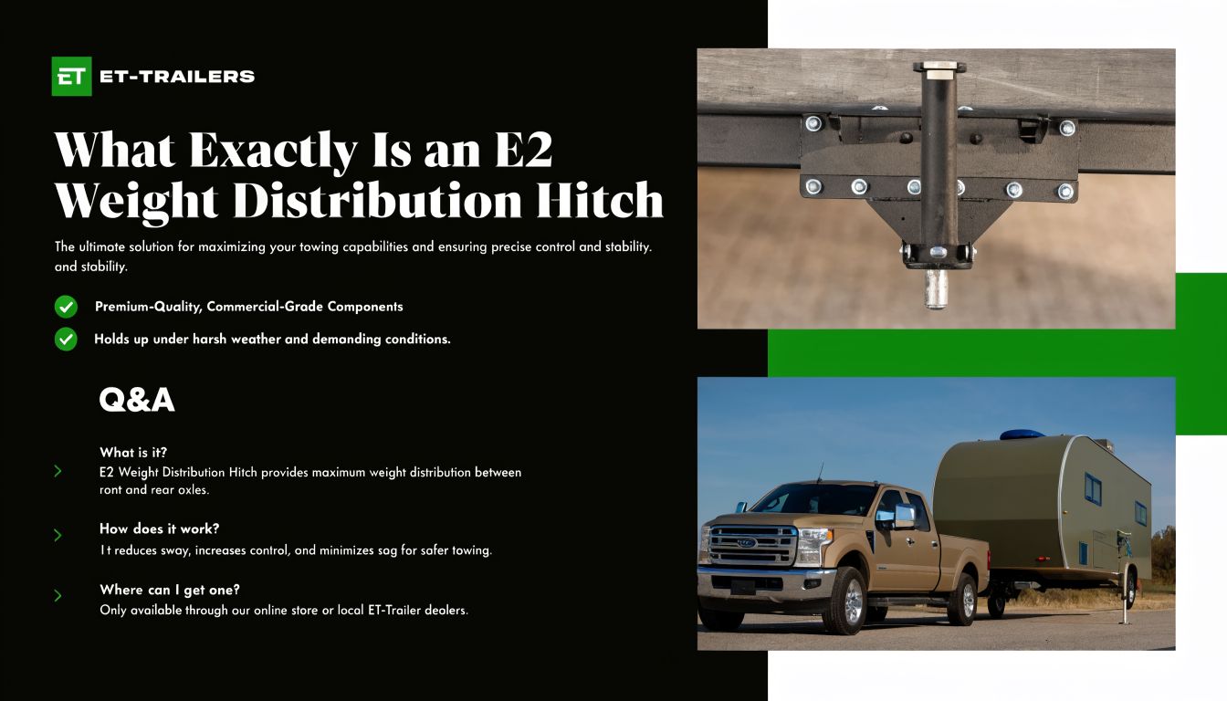 An infographic titled What Exactly Is an E2 Weight Distribution Hitch featuring towing benefit information and product images.