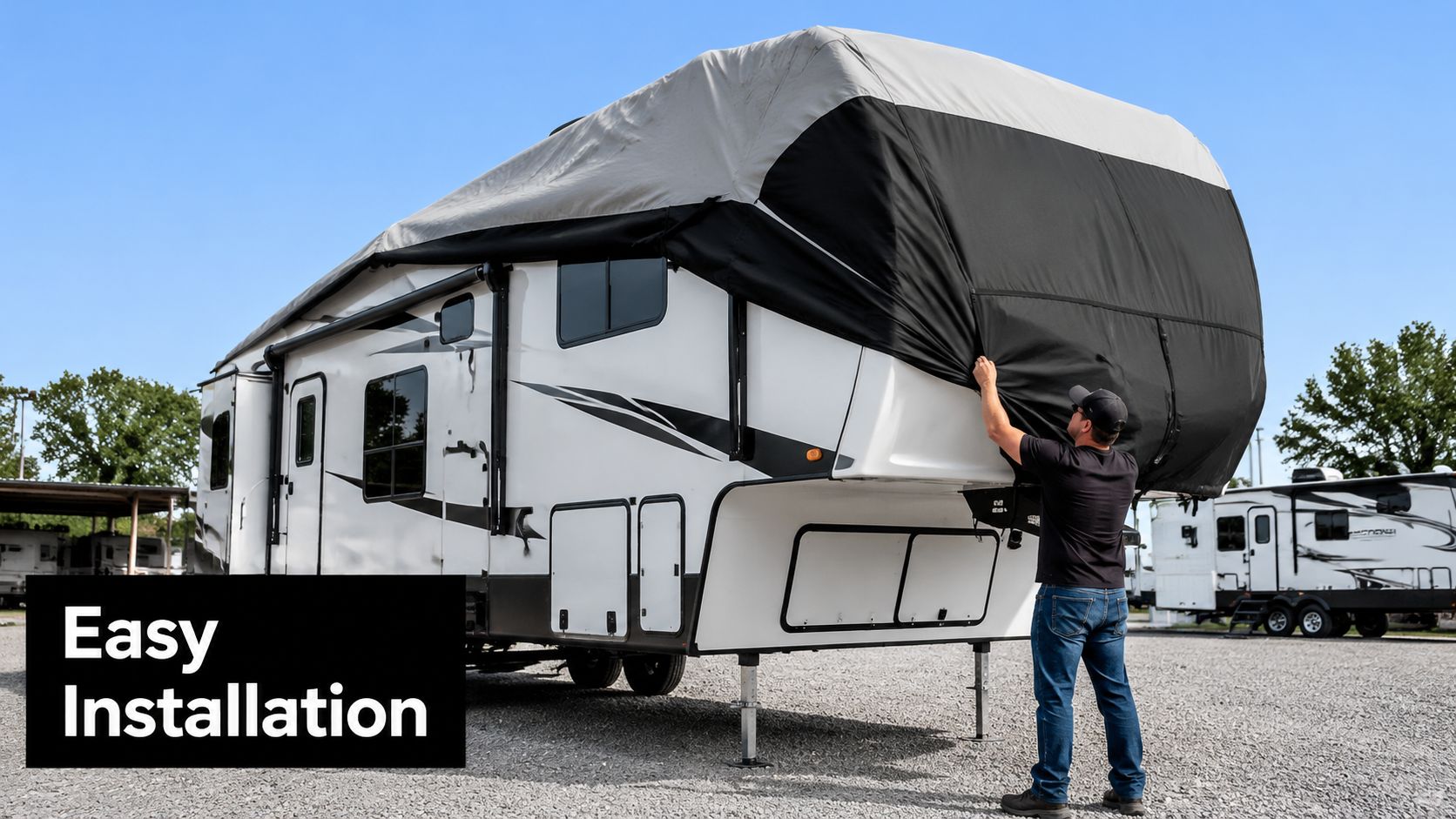 A man in a black shirt installing a durable grey and black cover on a fifth wheel camper.