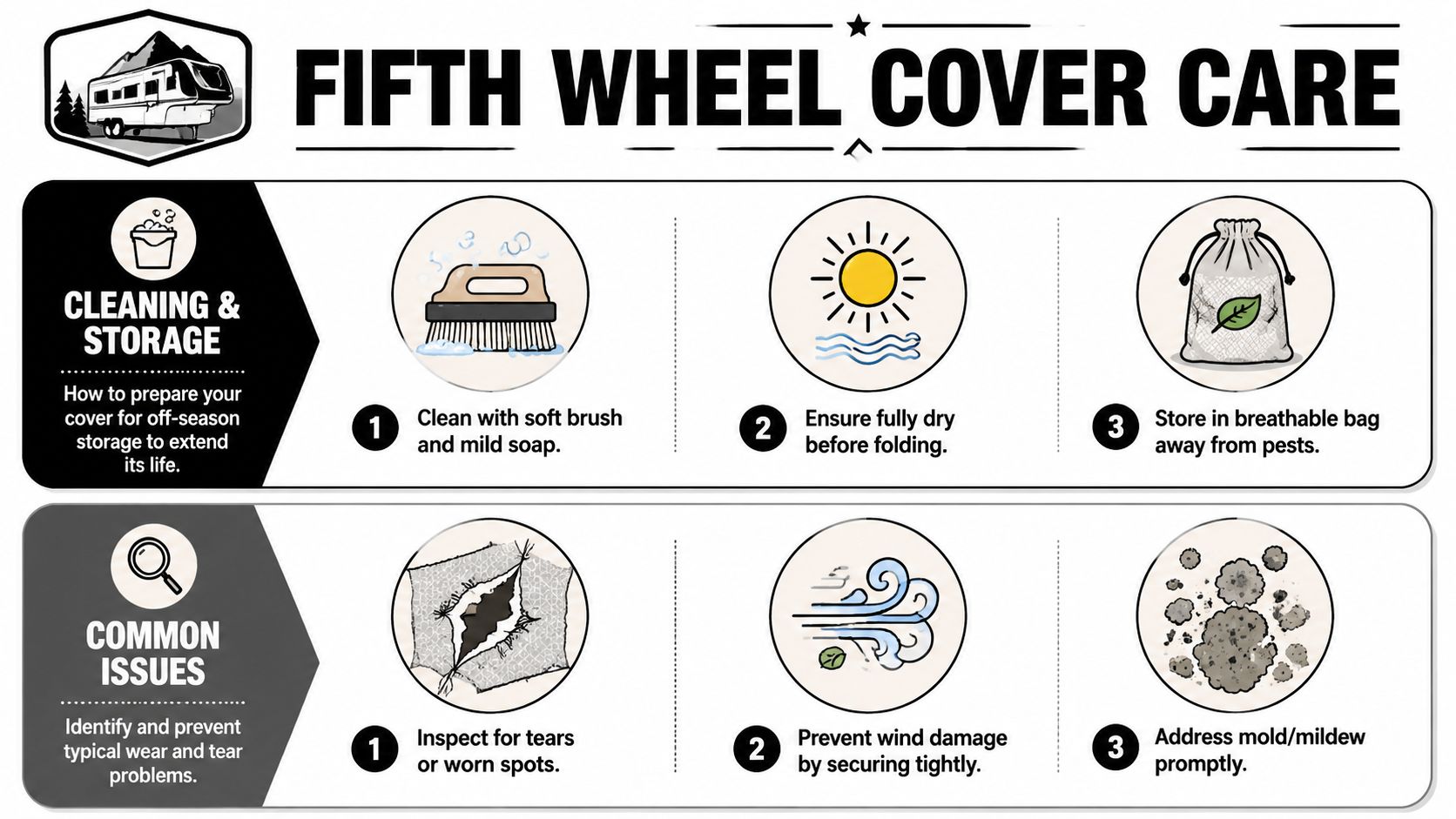An infographic titled Fifth Wheel Cover Care detailing tips for cleaning, storage, and preventing common cover issues.