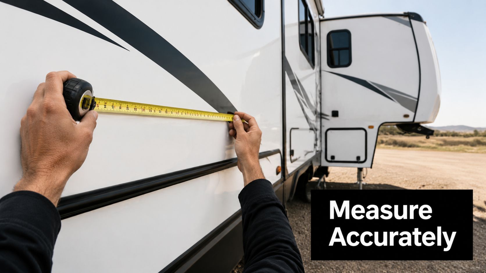 A person using a yellow tape measure to measure the exterior side wall of a fifth wheel camper.