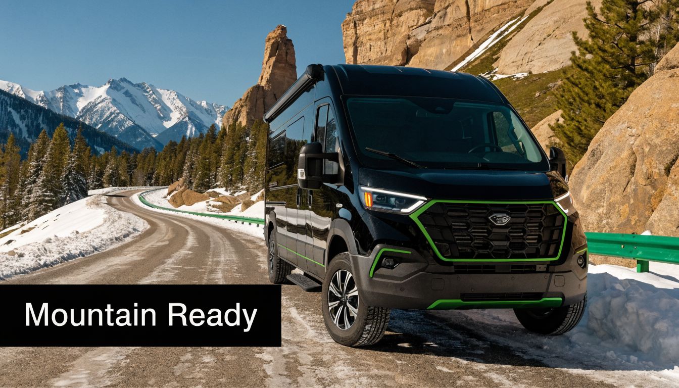 A black camper van with green accents parked on a snowy mountain road during a sunny day.