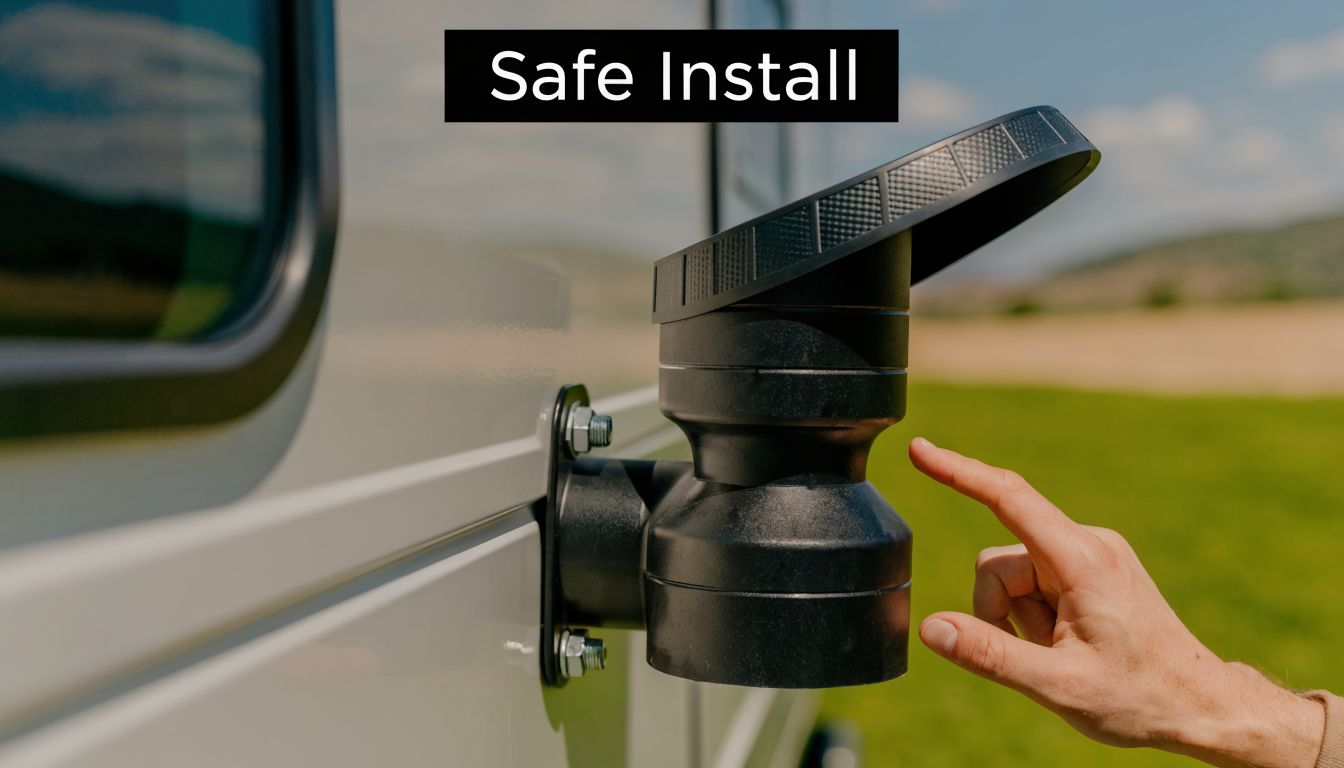 A close-up view of a person pointing to an exterior vent or component installed on an RV vehicle.
