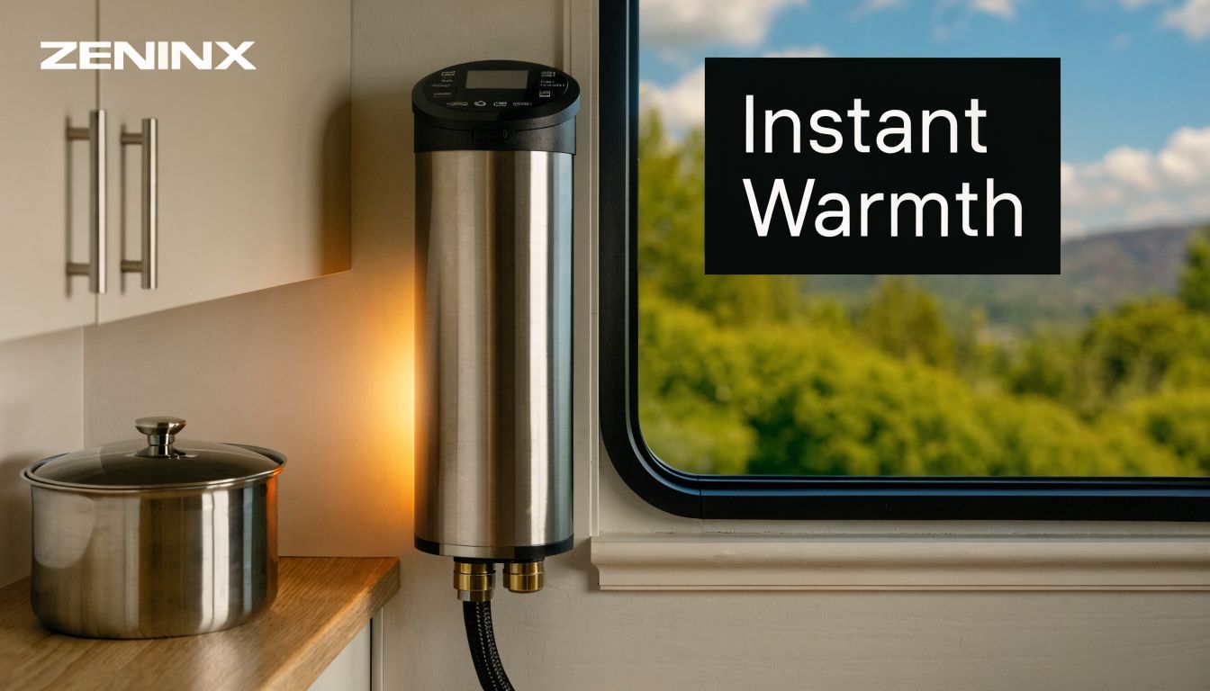 A modern Zeninx instant hot water heater mounted on a wall inside a kitchen near a window.