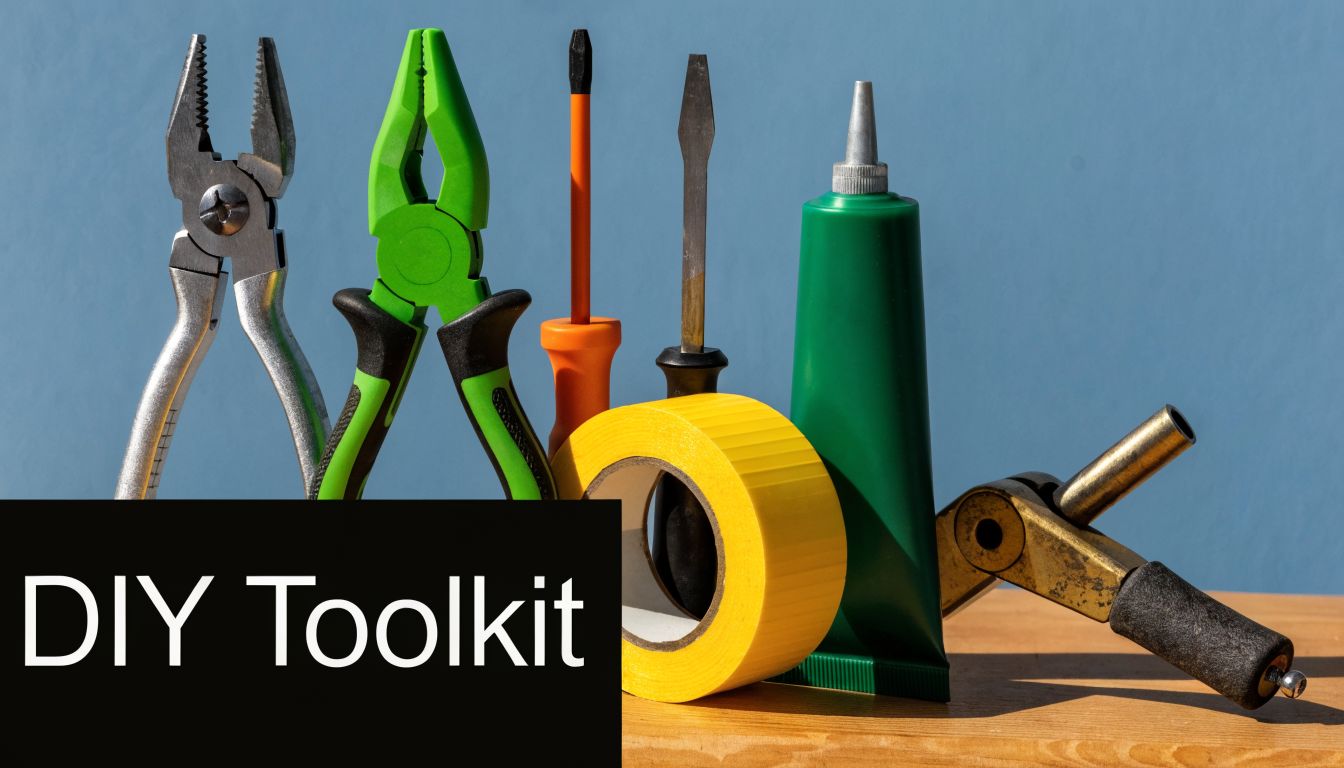 A set of various DIY hand tools including pliers, screwdrivers, tape, and glue on a wooden table.