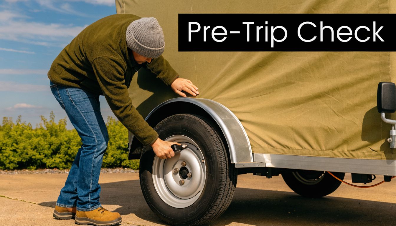 A man in a fleece jacket checking the tire pressure of a trailer before his trip.