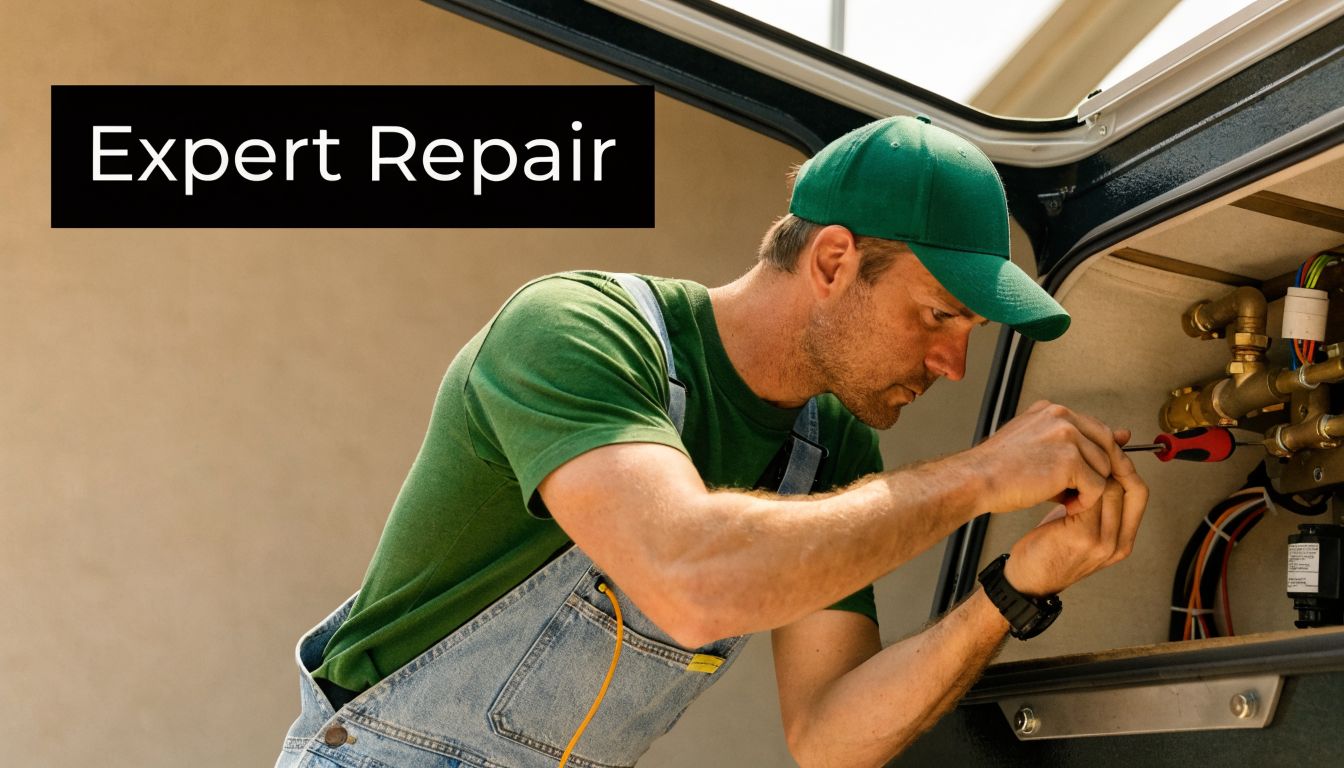A repairman in green clothing and overalls fixing the plumbing components of a pop up trailer.