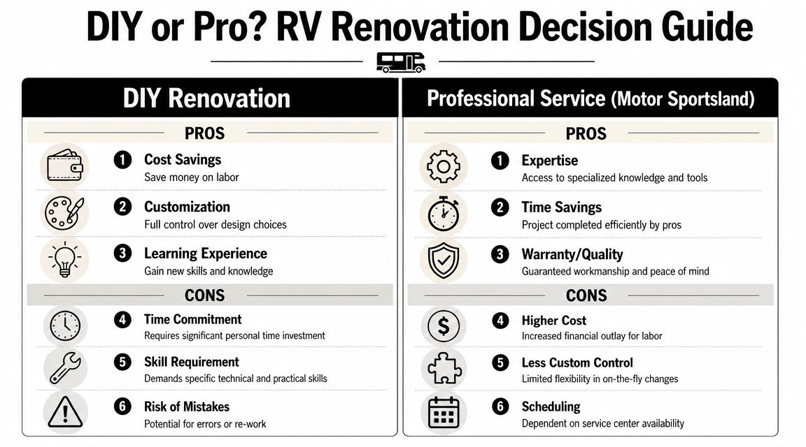 A comparison chart outlining the pros and cons of DIY versus professional RV renovation services.