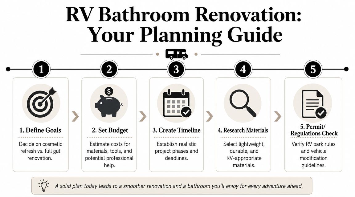 A five-step planning guide infographic for performing a bathroom renovation in a recreational vehicle.