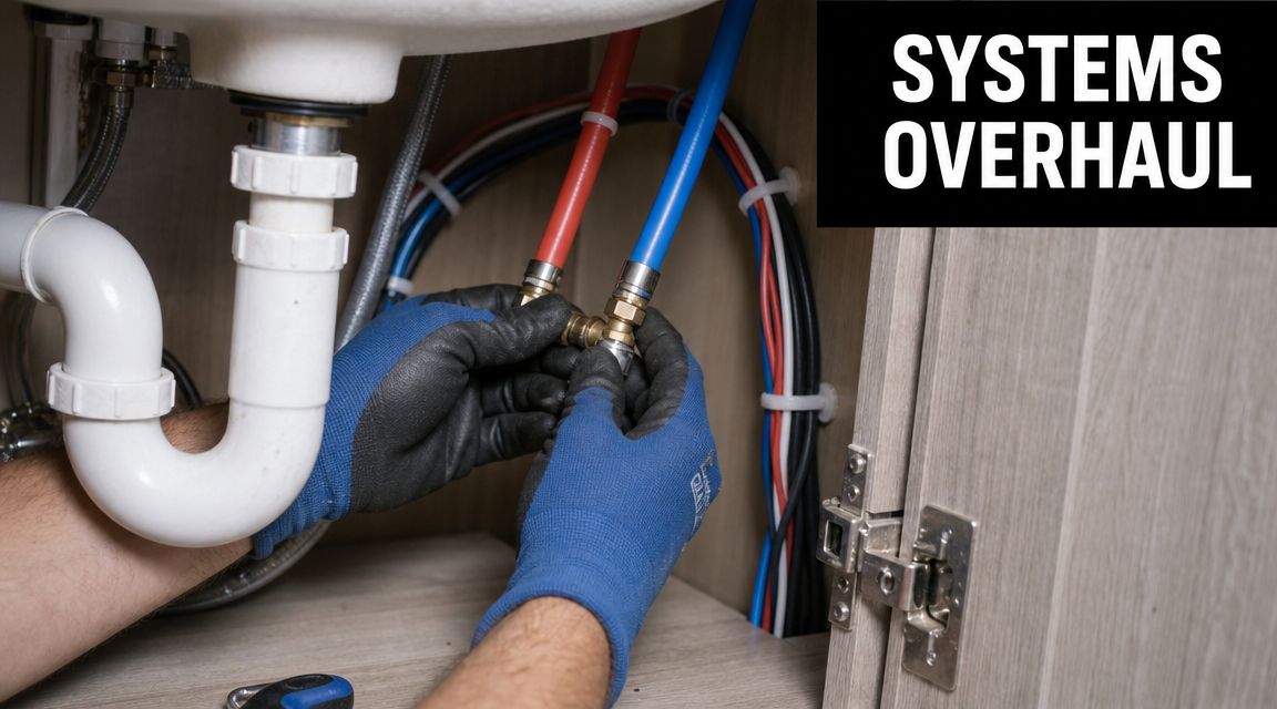 A professional plumber installing plumbing fittings under a bathroom sink during an RV renovation project.