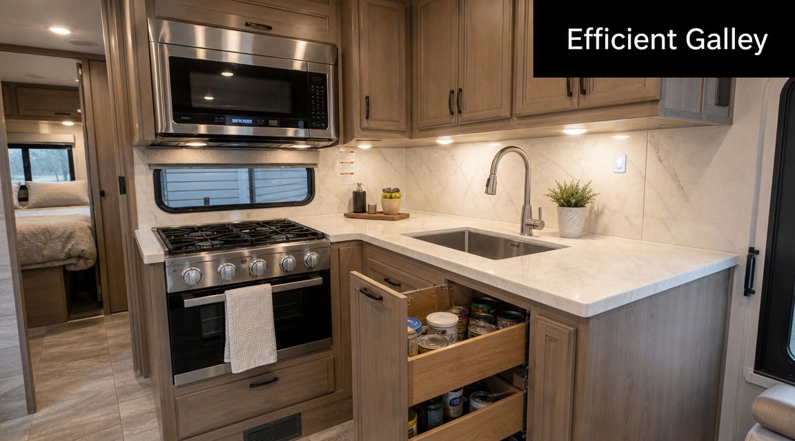 A modern kitchen interior in an RV featuring wooden cabinets, a stove, a microwave, and a sink.