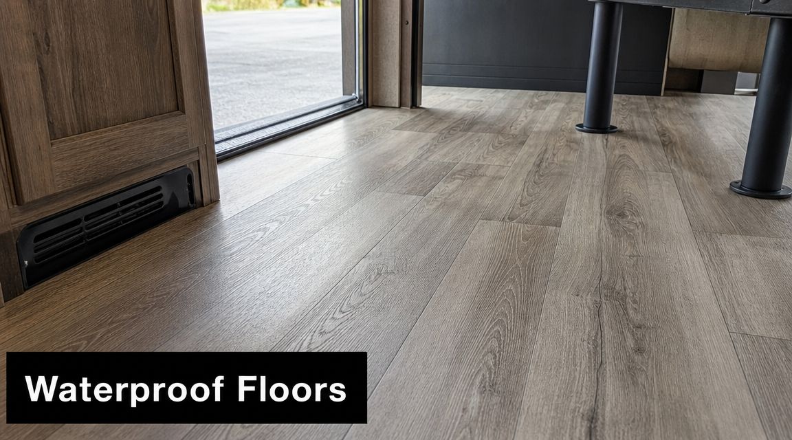 Modern wood-look vinyl flooring installed inside an RV near an open entryway and furniture legs.