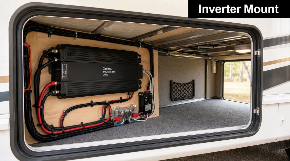 A Xantrex 2000 watt power inverter mounted on a wooden panel inside an RV storage bay compartment.