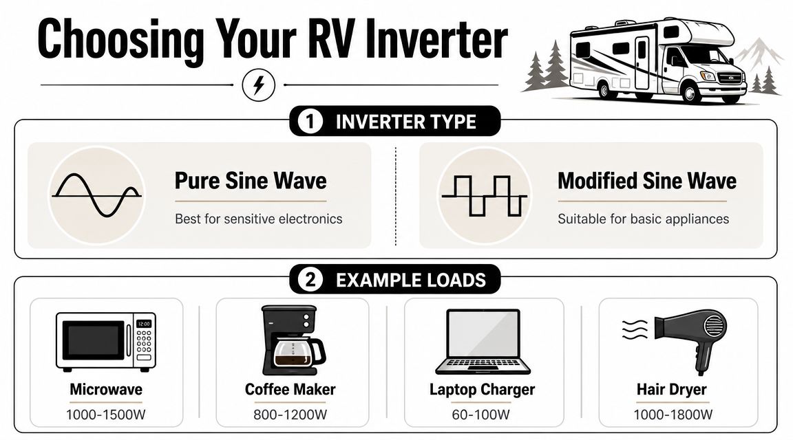 An infographic comparing pure and modified sine wave RV inverters with typical appliance power consumption examples.