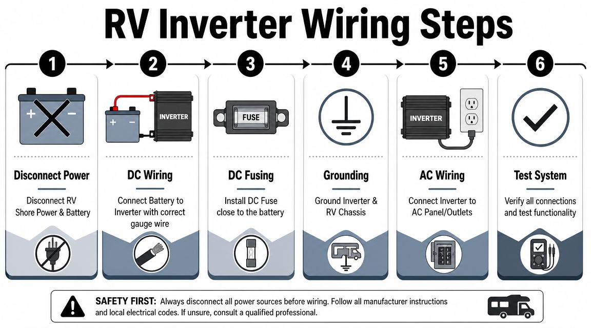 An infographic showing six sequential steps for installing an inverter in an RV electrical system.
