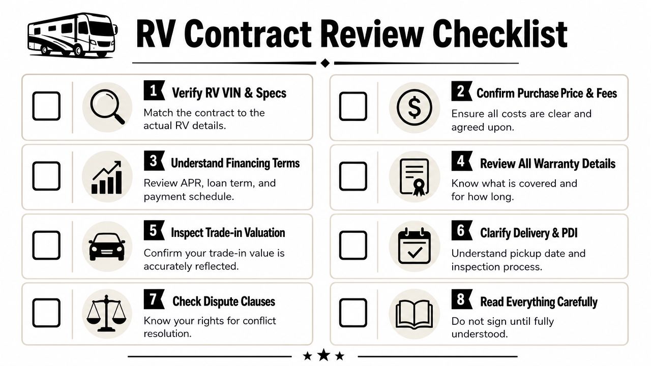 A comprehensive checklist for reviewing an RV purchase contract with eight essential steps for buyers.