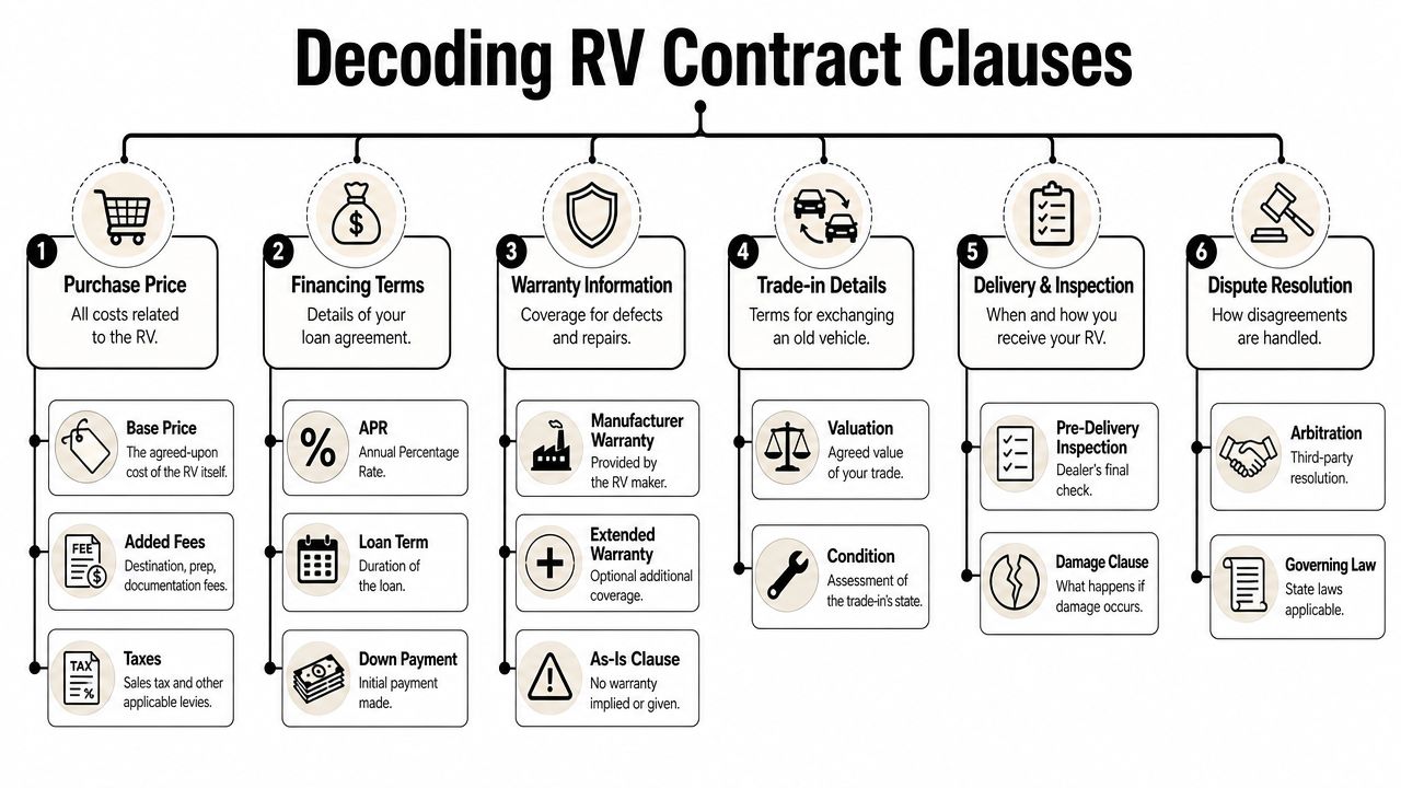 A flowchart infographic titled Decoding RV Contract Clauses showing six essential areas of a recreational vehicle purchase agreement.