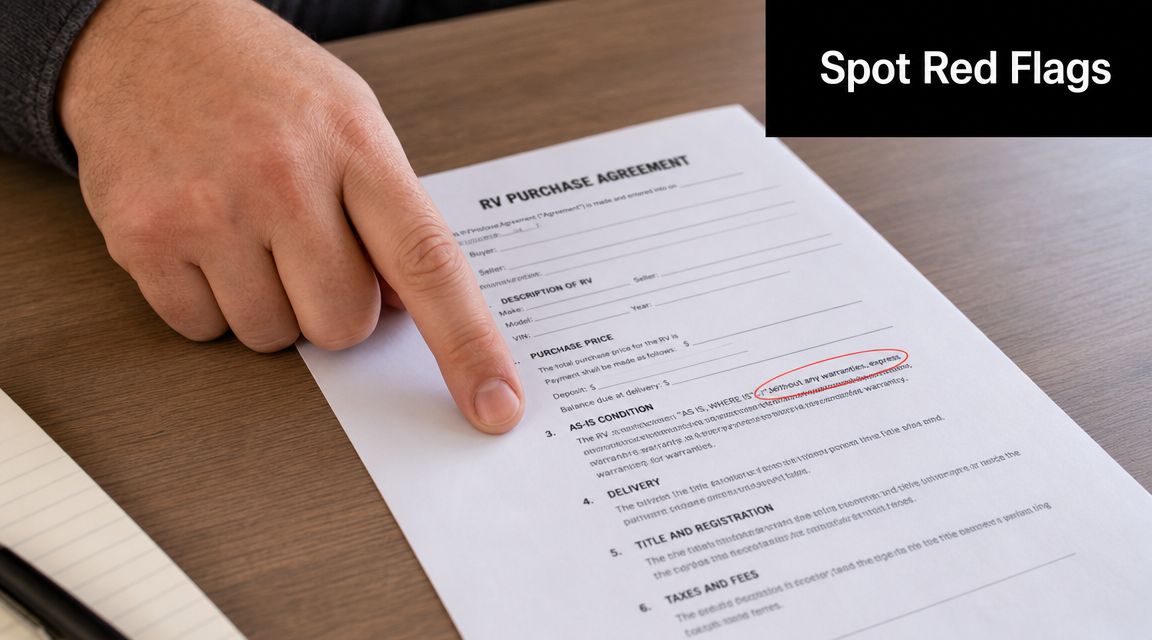 A close-up view of a person pointing at an AS-IS clause on an RV purchase agreement contract.