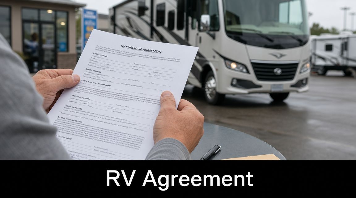 A person holding a purchase agreement document in front of a recreational vehicle at a dealership.