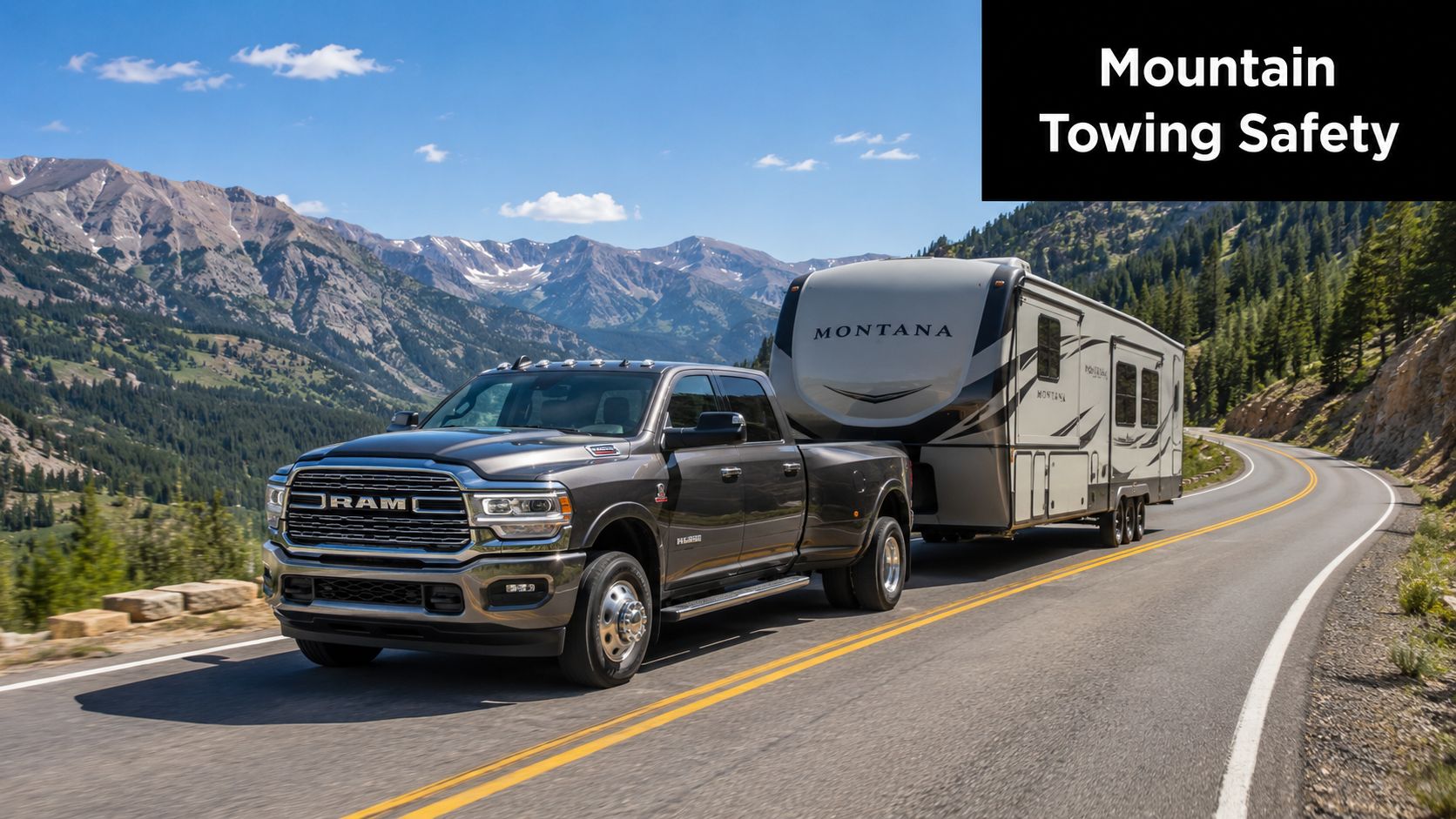 A gray Ram heavy duty truck towing a large Montana fifth wheel trailer on a scenic mountain road.