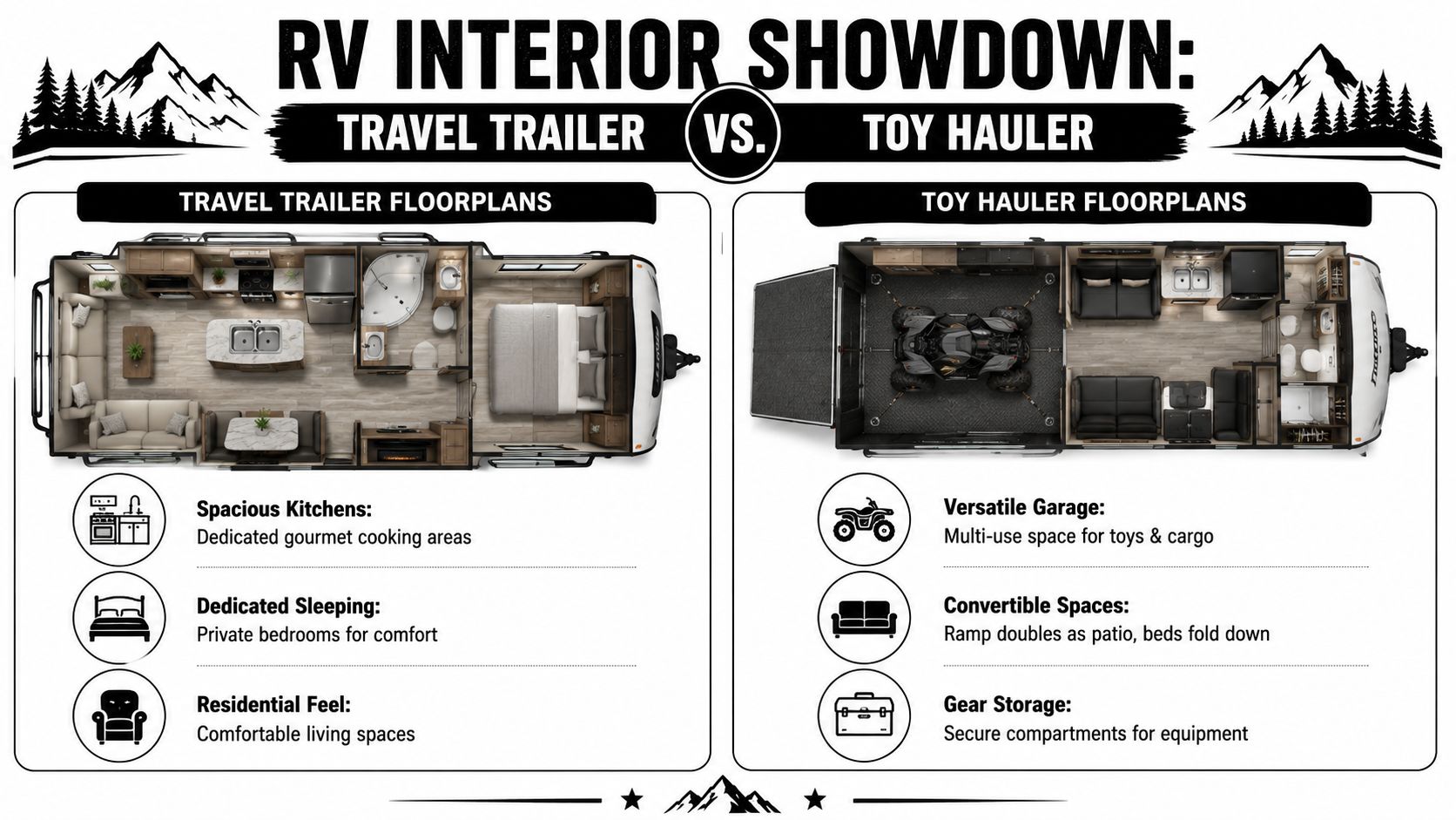 An infographic comparing interior floorplans and key features of travel trailers versus toy hauler recreational vehicles.