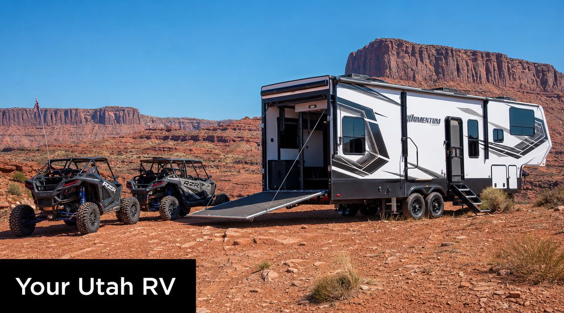 A Momentum toy hauler trailer parked in the desert with two RZR off-road vehicles parked beside it.