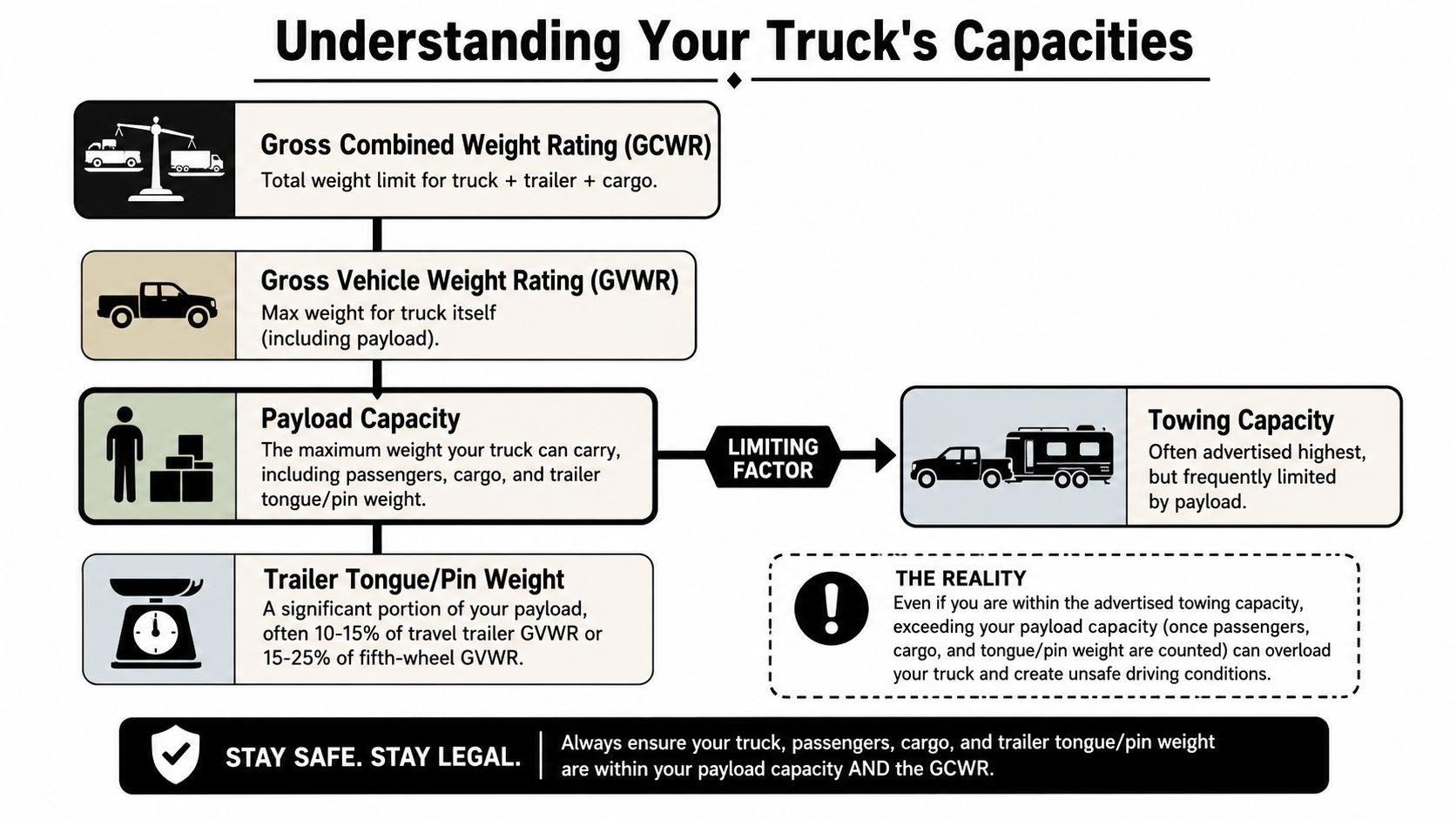 An infographic explaining key truck towing weight terminology like GCWR, GVWR, payload capacity, and trailer tongue weight.