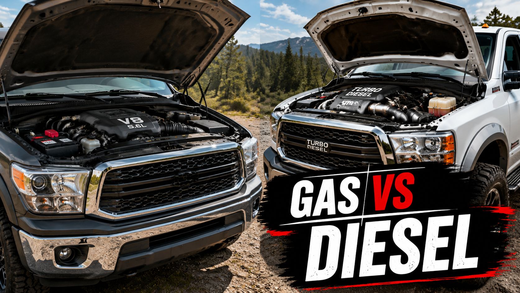 A side-by-side comparison of a gas V8 truck engine and a turbo diesel truck engine outdoors.