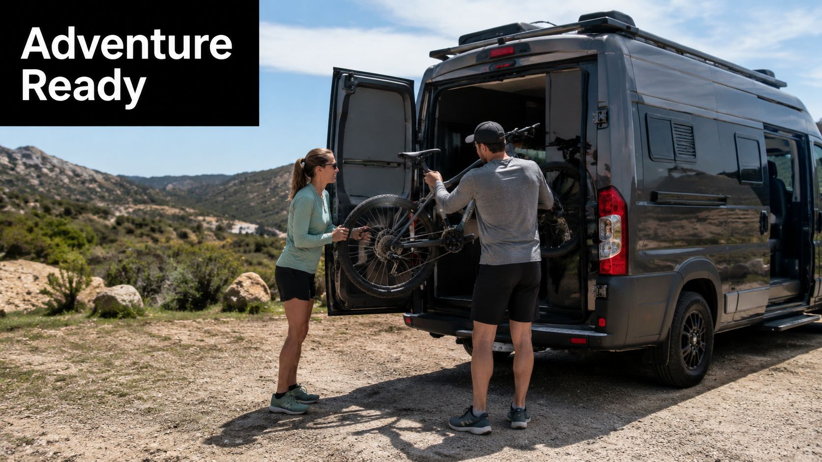 A couple loads a mountain bike into the back of a camper van for an outdoor adventure.