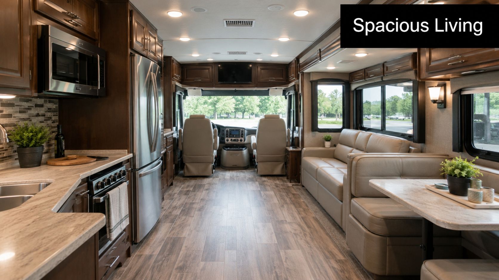 The interior of a luxurious Class A motorhome featuring a spacious living area and modern kitchen.