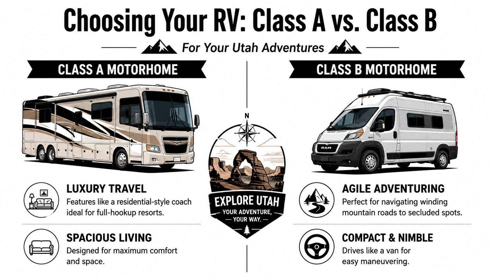 A comparison infographic between large Class A motorhomes and agile Class B camper vans for travel.