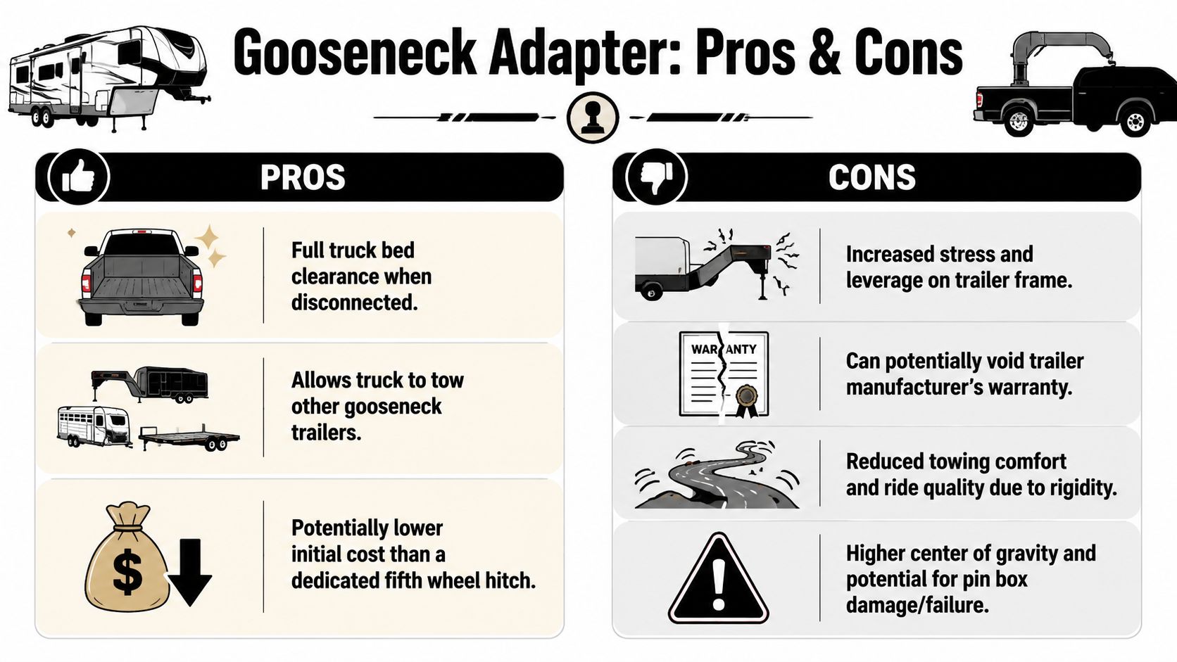 An infographic comparing the pros and cons of using a gooseneck adapter for fifth wheel trailers.