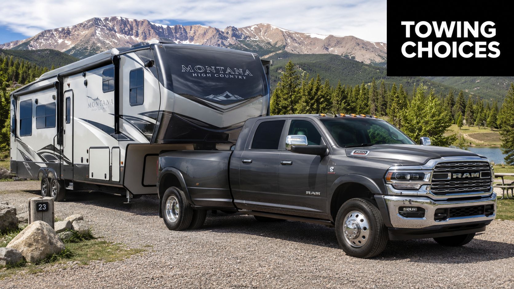 A gray Ram 3500 dually pickup truck towing a large Montana High Country fifth wheel camper trailer.