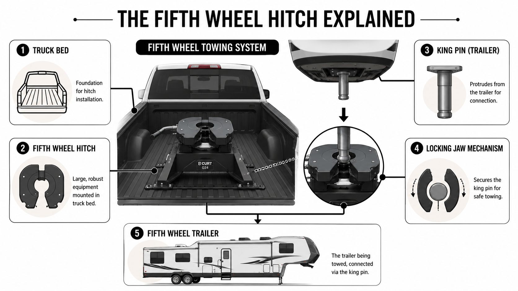 A detailed diagram illustrating the components of a fifth wheel towing system for truck trailers.