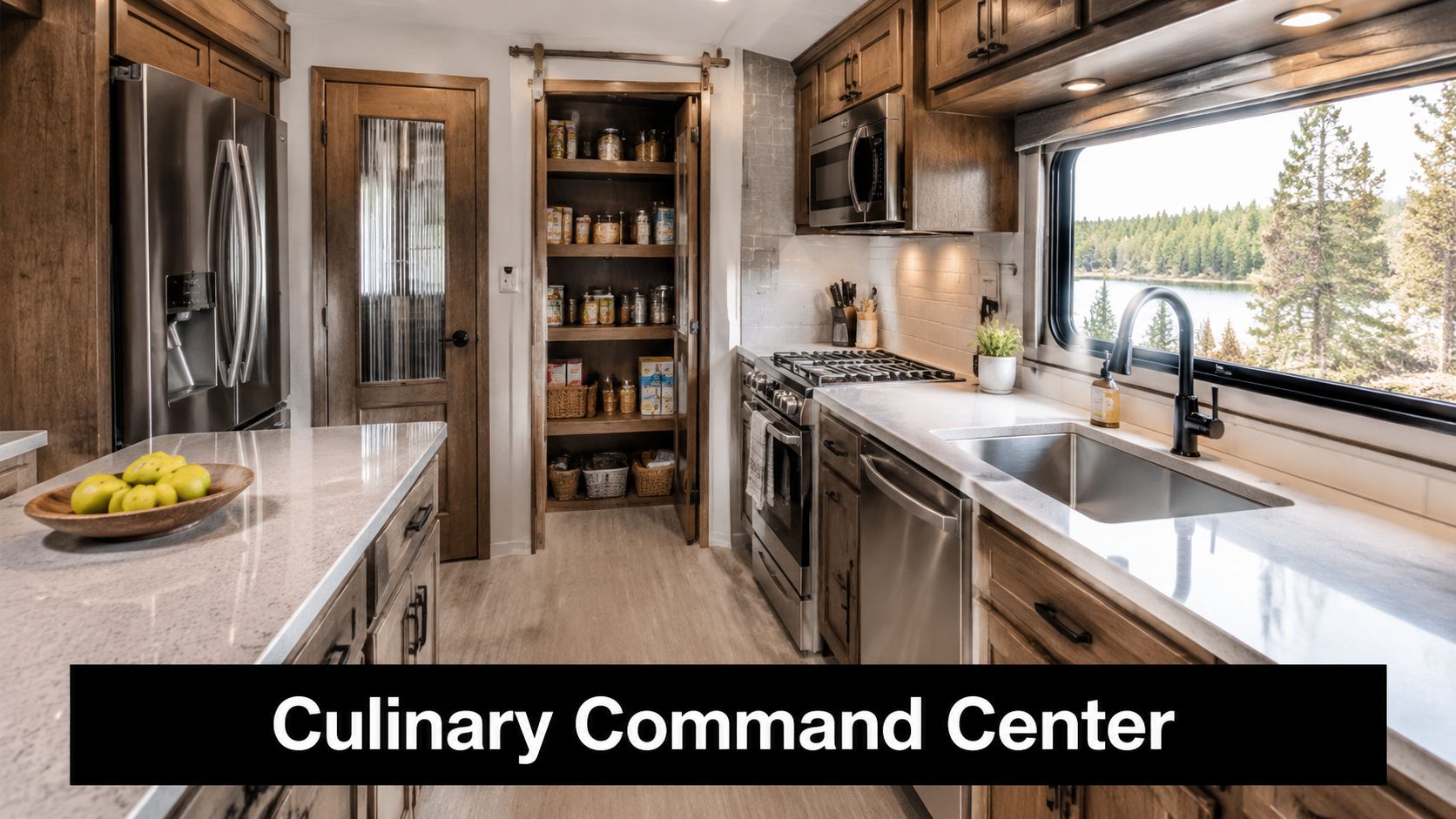 A modern kitchen interior in a fifth wheel featuring stainless steel appliances, wooden cabinetry, and pantry storage.